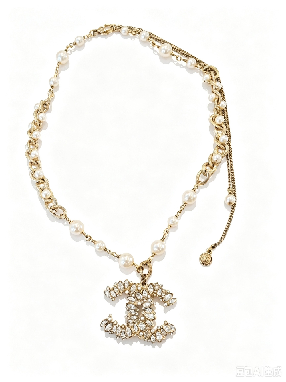 Gold Pearl Chain Necklace with Crystal CC Logo Pendant